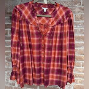 Cato Burgundy and Orange Plaid Blouse, Size L